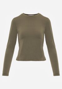 Renee - Ciemnozielona Dopasowana Bluzka Typu Longsleeve z Bawełną Moanti. Okazja: na co dzień. Kolor: beżowy. Materiał: bawełna. Długość rękawa: długi rękaw. Wzór: kropki. Styl: casual #3