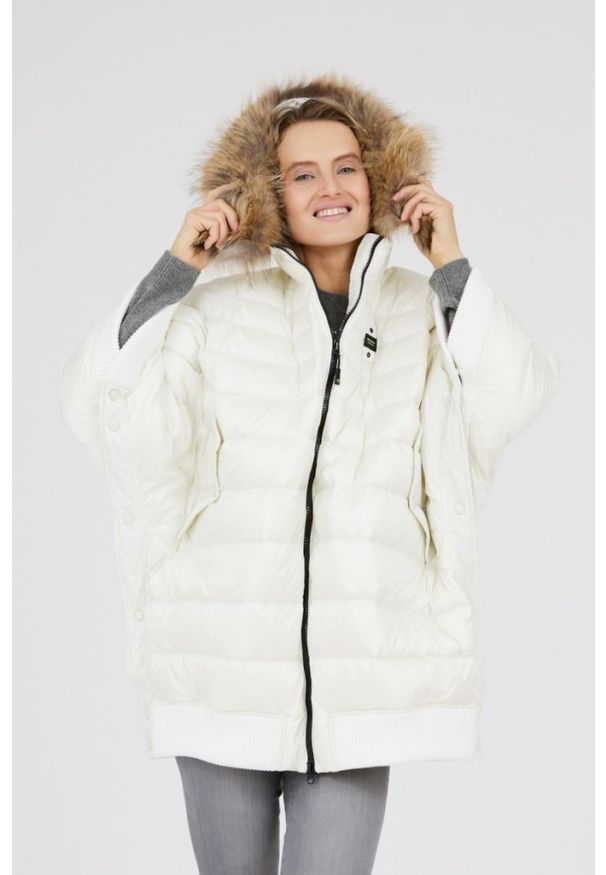 Blauer USA - BLAUER Ecru damski puchowy płaszcz z futrem jenota, Rozmiar XS. Kolor: biały. Materiał: futro, puch
