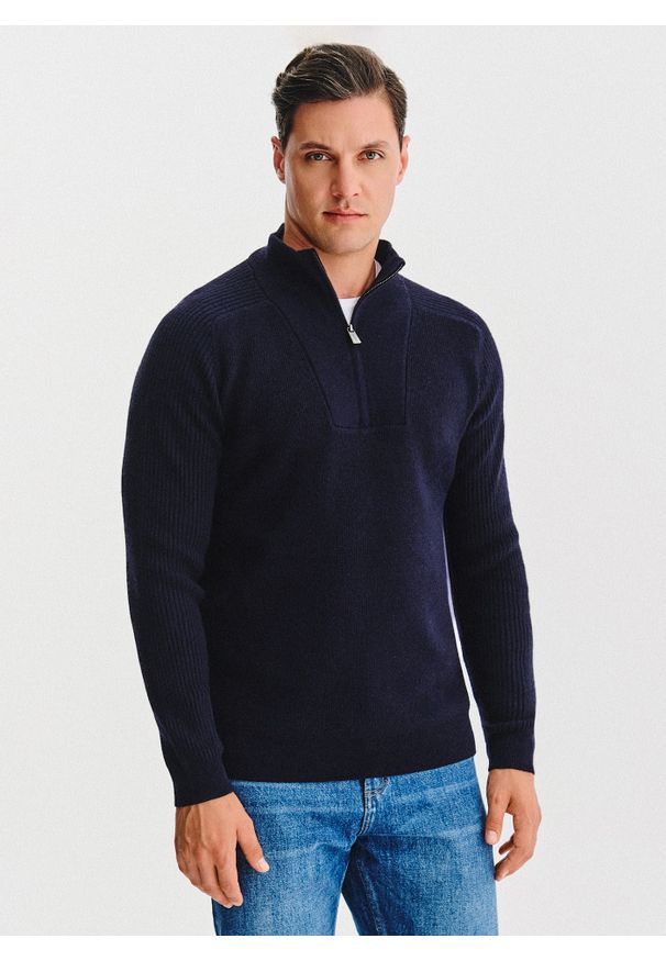 Pako Lorente - PAKO LORENTE - Granatowy sweter z rozpinaną stójką. Okazja: na co dzień. Typ kołnierza: kołnierzyk stójkowy. Kolor: beżowy, niebieski. Materiał: wełna, poliamid. Sezon: jesień. Styl: casual