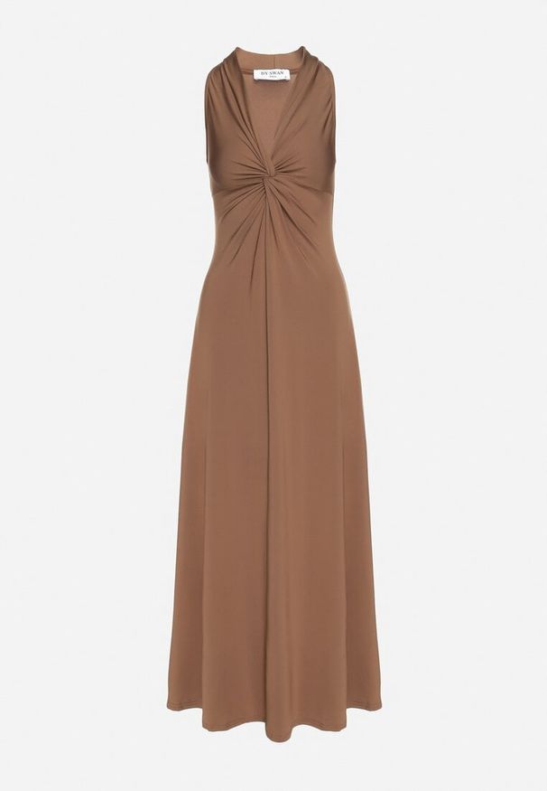 Born2be - Brązowa Rozkloszowana Sukienka Bez Rękawów z Wiskozą Zdobiona Marszczeniem Folenissa. Okazja: na imprezę. Typ kołnierza: dekolt w kształcie V, kokarda. Kolor: brązowy. Materiał: wiskoza. Długość rękawa: bez rękawów. Wzór: aplikacja. Typ sukienki: rozkloszowane