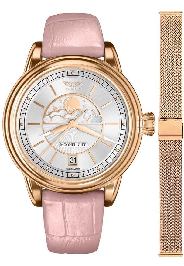 AVIATOR - Zegarek damski Aviator V.1.33.2.251.4PM-SET różowe złoto. Kolor: złoty, wielokolorowy, różowy