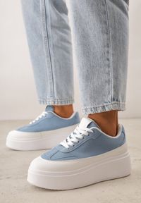 Renee - Niebieskie Sneakersy VICES na Platformie z Ozdobnym Noskiem Attis. Nosek buta: okrągły. Zapięcie: sznurówki. Kolor: niebieski. Materiał: skóra, zamsz. Obcas: na platformie. Wysokość obcasa: średni #5