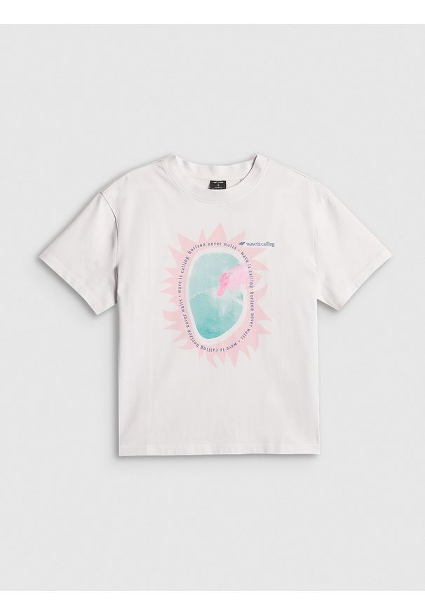 4f - 4F T-shirt loose z nadrukiem damski - biały XS. Okazja: do pracy, na co dzień, na spacer. Kolor: biały. Materiał: bawełna, dzianina. Wzór: nadruk. Styl: klasyczny, casual