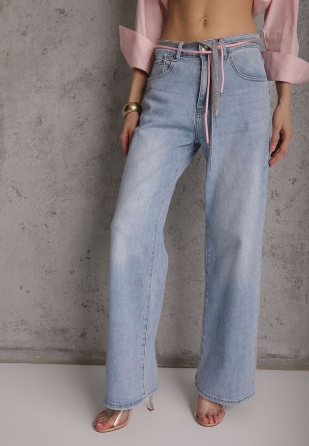 Renee - Niebieskie Jeansy Szerokie z Bawełną High Waist Ozdobione Wiązanym Sznurkiem Neviolla. Okazja: na co dzień. Stan: podwyższony. Kolor: niebieski. Wzór: aplikacja. Styl: casual