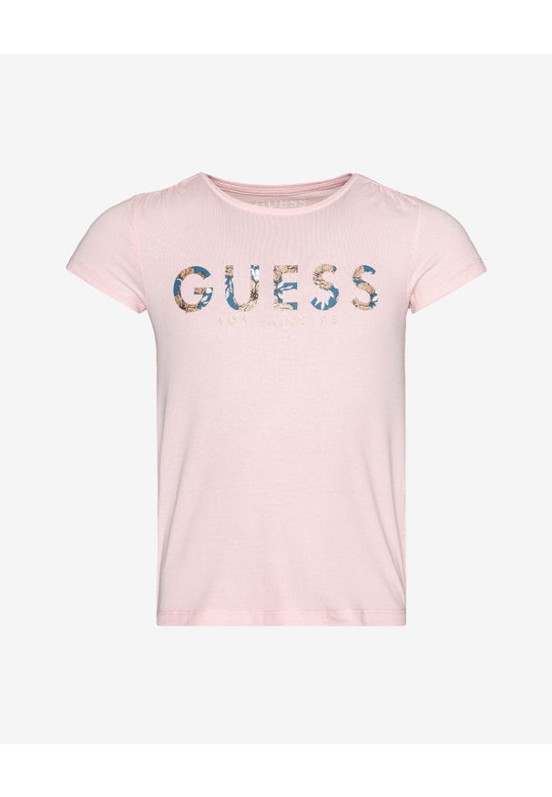 Guess Glitter Floral Print Logo Koszulka dziecięce Beżowy. Kolor: beżowy. Materiał: bawełna, elastan. Wzór: nadruk