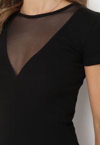Born2be - Czarna Bawełniana Bluzka Prążkowana z Siateczkowym Dekoltem Acamilla. Kolor: czarny. Materiał: bawełna, prążkowany. Styl: elegancki #7