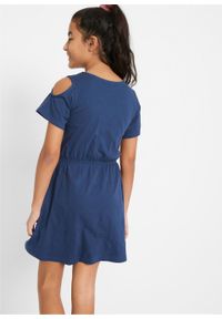 Sukienka dziewczęca z wycięciami na ramionach i obracanymi cekinami, bawełna organiczna bonprix kobaltowy. Kolor: niebieski. Materiał: bawełna. Wzór: aplikacja #7
