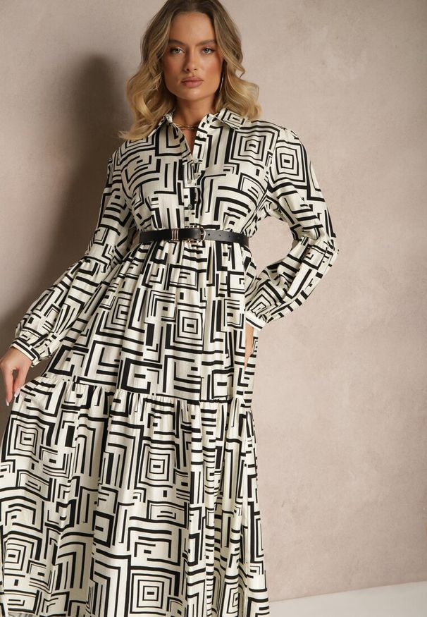 Renee - Czarna Rozkloszowana Sukienka z Wiskozą w Geometryczny Print Apirestia. Okazja: na co dzień, na spacer. Typ kołnierza: dekolt w kształcie V. Kolor: czarny. Materiał: wiskoza. Wzór: geometria, nadruk. Typ sukienki: proste. Styl: casual, elegancki