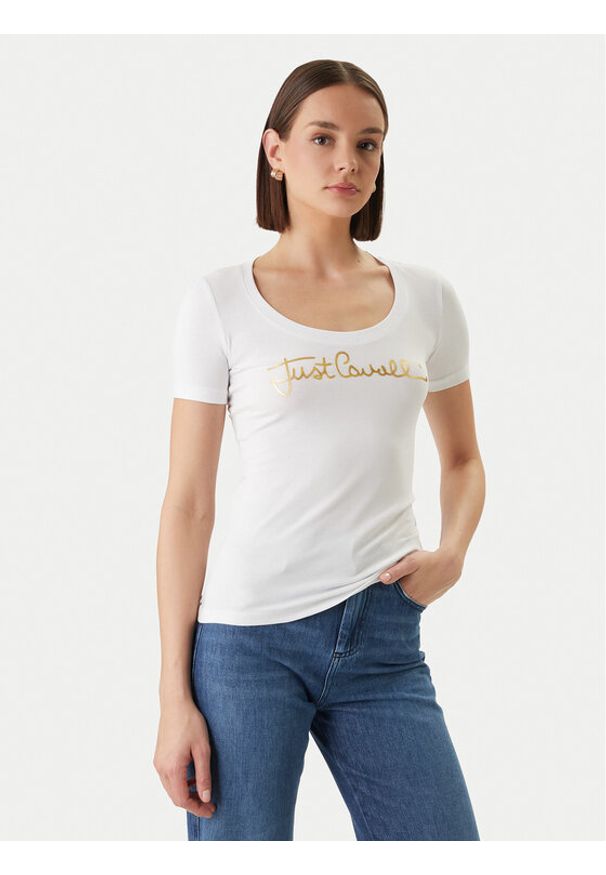 Just Cavalli T-Shirt 80PAHT02 CJ502 Biały Slim Fit. Kolor: biały. Materiał: bawełna