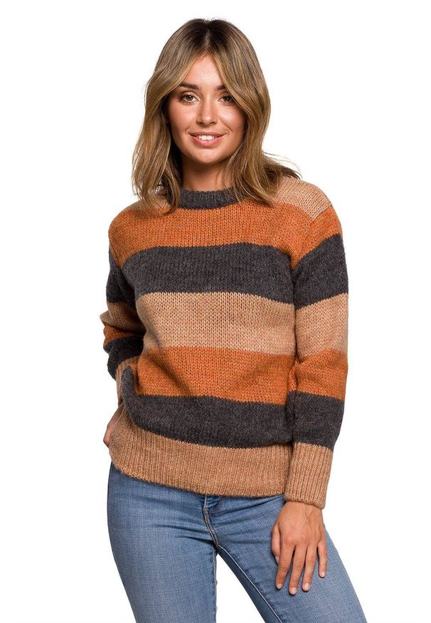 BE Knit - Mięciutki wełniany sweter w kolorowe paski. Okazja: na co dzień. Materiał: wełna. Wzór: paski, kolorowy. Sezon: jesień, zima. Styl: casual