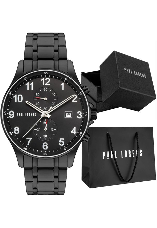 Zegarek męski czarny elegancki na bransolecie Paul Lorens GHOST PL20002B-1A5. Kolor: czarny. Styl: elegancki