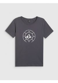 4f - 4F T-shirt regular z nadrukiem damski - szary S. Okazja: na co dzień. Kolor: szary. Materiał: bawełna, dzianina. Długość rękawa: krótki rękaw. Długość: krótkie. Wzór: nadruk. Styl: casual
