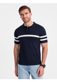 Ombre Clothing - Koszulka męska polo z miękkiej dzianiny z kontrastowymi pasami - granatowa V2. Okazja: na co dzień. Typ kołnierza: polo. Kolor: niebieski. Materiał: dzianina. Długość: krótkie. Wzór: paski. Styl: casual #3