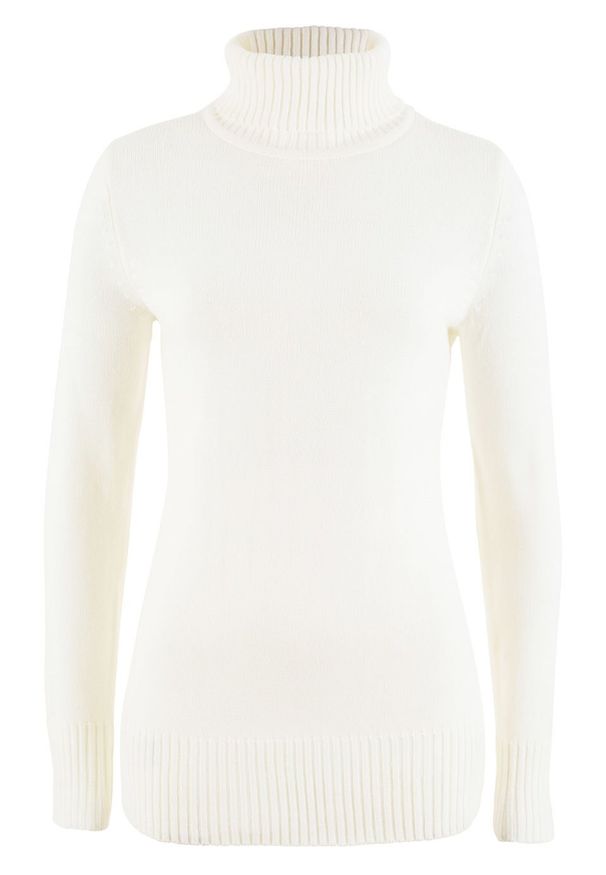 Sweter basic z golfem bonprix biel wełny. Typ kołnierza: golf. Kolor: biały. Materiał: wełna. Wzór: prążki