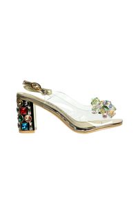 Sandały Laura Vita Missy 01 Dore 202056, Złoty, Skóra naturalna - 39. Zapięcie: sprzączka. Kolor: złoty. Materiał: skóra. Wzór: aplikacja. Obcas: na obcasie. Styl: elegancki. Wysokość obcasa: średni #1