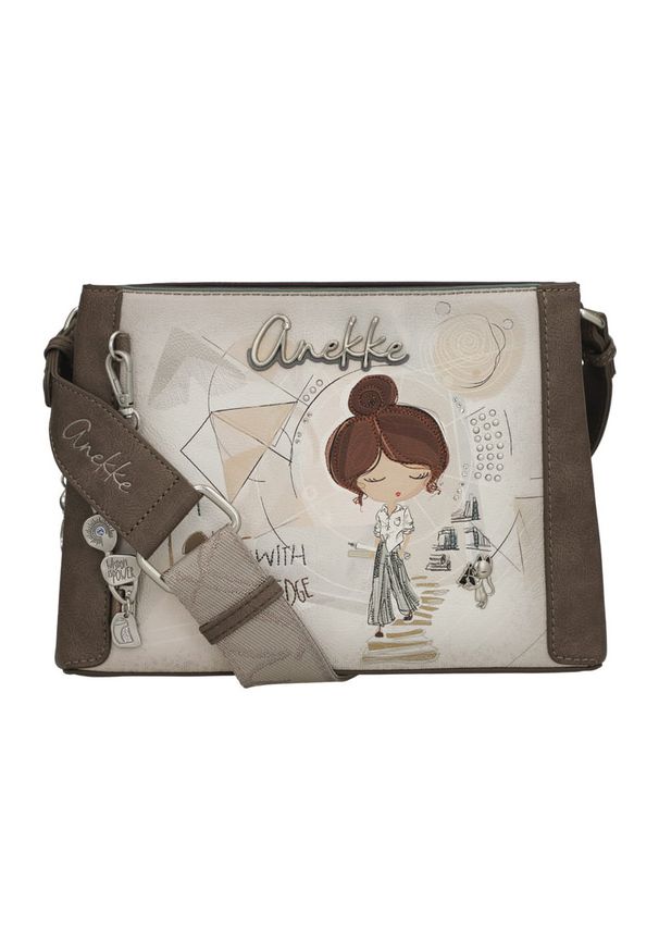 Torebka damska Anekke, na ramię z dekoracyjnym nadrukiem i metalowym logo zapinana na zamek z szerokim regulowanym paskiem oraz ozdobnym brelokiem, b. Kolor: brązowy. Wzór: nadruk