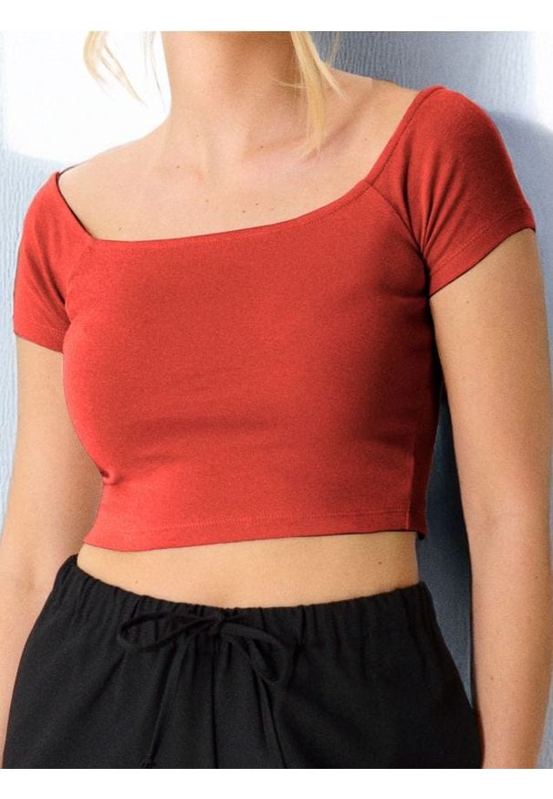 Sinsay - Crop top z krótkim rękawem - koralowy. Kolor: pomarańczowy. Długość rękawa: krótki rękaw. Długość: krótkie