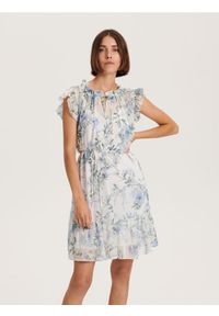 Reserved - Sukienka mini z falbanami - jasnoniebieski. Kolor: niebieski. Materiał: tkanina. Styl: klasyczny. Długość: mini #1