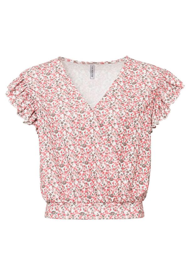 Bluzka shirtowa bonprix biało-czerwony w kwiaty. Kolor: biały. Długość: krótkie. Wzór: kwiaty