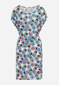 Born2be - Beżowo-Niebieska Pudełkowa Sukienka z Wiskozy Wiązana Sznurkiem w Talii Tiamadine. Okazja: na randkę, na co dzień, na spotkanie biznesowe. Kolor: beżowy. Materiał: wiskoza. Długość rękawa: krótki rękaw. Wzór: kwiaty. Styl: casual, klasyczny, biznesowy #3