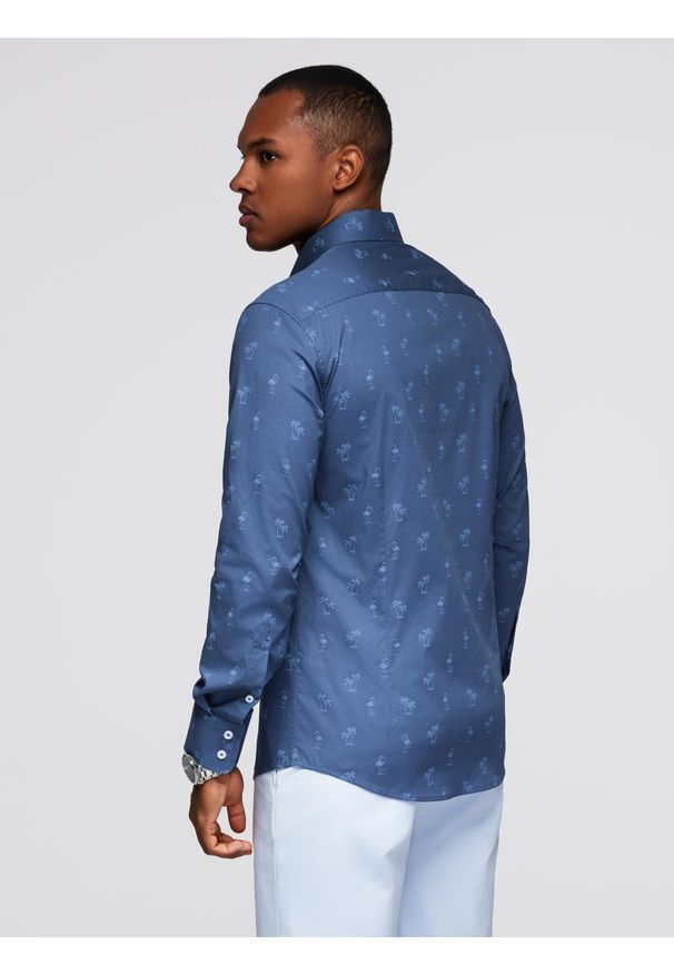 Ombre Clothing - Klasyczna męska bawełniana koszula SLIM FIT w palmy - ciemnoniebieska V5 OM-SHCS-0156 - XXL. Typ kołnierza: kołnierzyk klasyczny. Kolor: niebieski. Materiał: bawełna. Długość rękawa: długi rękaw. Długość: długie. Wzór: nadruk. Styl: klasyczny