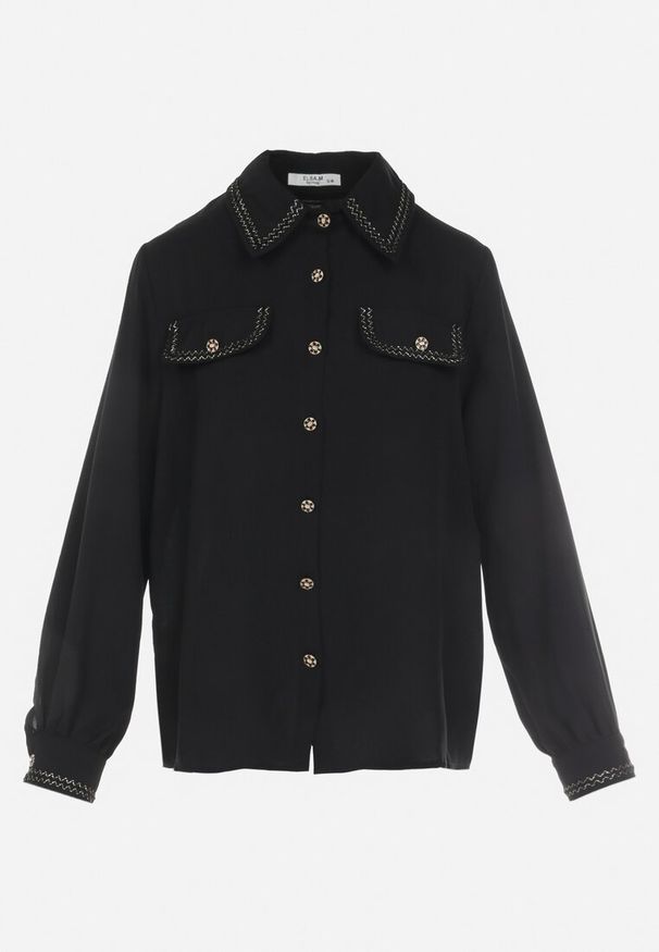 Born2be - Czarna Koszula z Biżuteryjnymi Guzikami i Eleganckimi Lamówkami Athehir. Kolor: czarny. Styl: elegancki