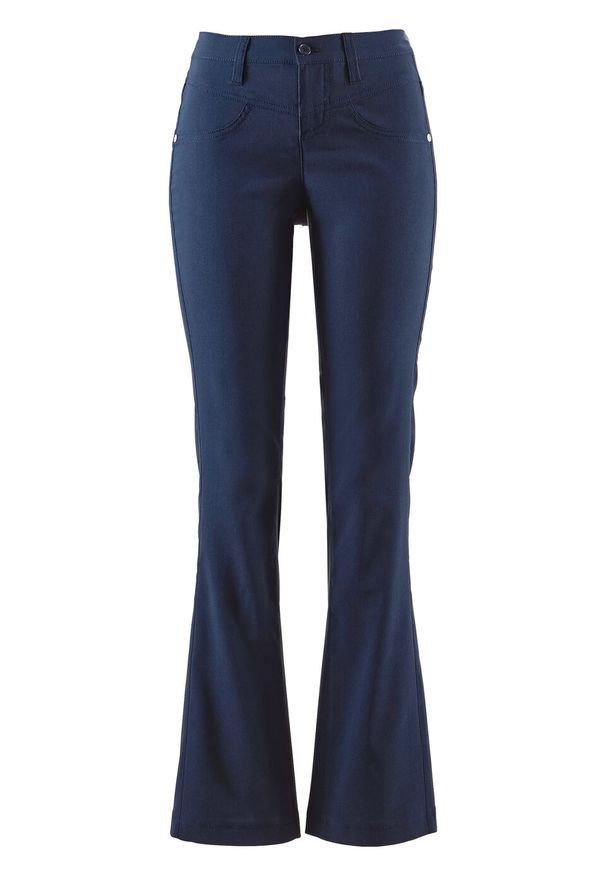 Spodnie z bengaliny ze stretchem BOOTCUT bonprix ciemnoniebieski. Kolor: niebieski. Materiał: poliester, wiskoza, materiał, włókno, skóra