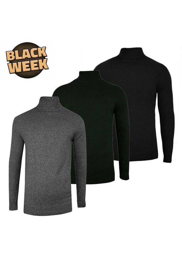 Zestaw Trzech Męskich Golfów - Brave Soul - Czarny, Zieleń (Butelkowy), Popielaty Melanż. Typ kołnierza: golf. Kolor: szary, czarny, wielokolorowy. Materiał: bawełna. Wzór: melanż. Sezon: zima, jesień. Styl: klasyczny