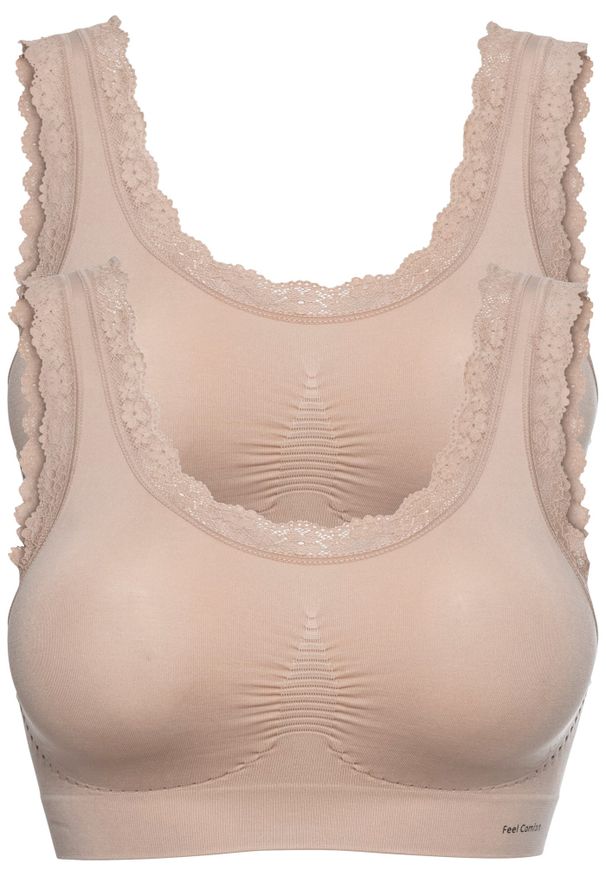 bonprix - Biustonosz bezszwowy bustier Feel comfort (2 szt.). Kolor: beżowy. Materiał: koronka, materiał