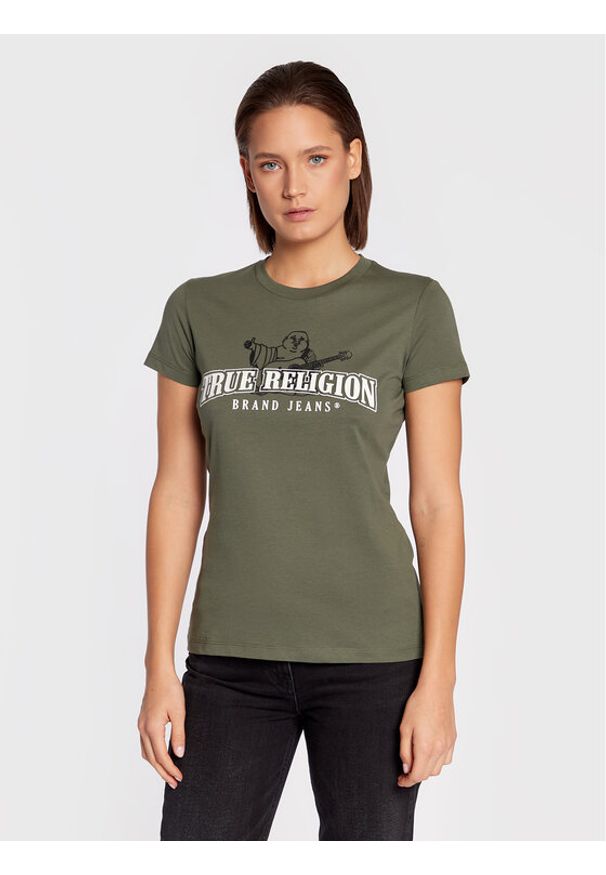 True Religion T-Shirt Buddha Stencil 205636 Zielony Slim Fit. Kolor: zielony. Materiał: bawełna