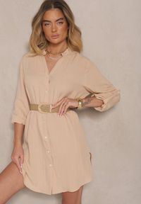 Renee - Beżowa Pudełkowa Sukienka Bawełniana Oversize z Dekoltem w Serek Elavellis. Typ kołnierza: dekolt w serek. Kolor: beżowy. Materiał: bawełna. Typ sukienki: oversize #4