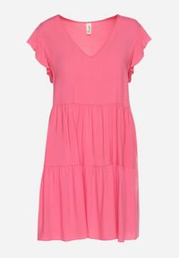 Born2be - Różowa Rozkloszowana Sukienka z Bawełny Ozdobiona Falbankami Natiriane. Okazja: na co dzień. Typ kołnierza: kołnierz z falbankami. Kolor: różowy. Materiał: bawełna. Wzór: aplikacja. Sezon: wiosna, lato. Styl: casual, elegancki #4