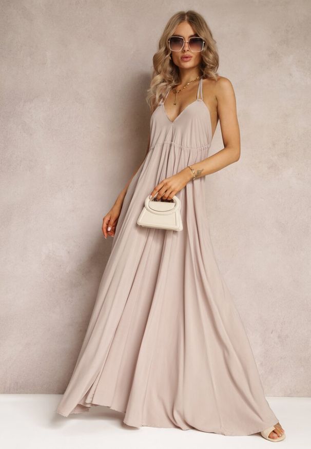 Renee - Ciemnobeżowa Rozkloszowana Sukienka Bawełniana z Wiązaniem na Szyi Panethea. Kolor: beżowy. Materiał: bawełna. Długość: maxi