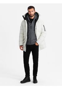 Ombre Clothing - Męska długa kurtka parka ze strukturalnej tkaniny – biała V1. Kolor: biały. Materiał: tkanina. Długość: długie. Wzór: aplikacja #4