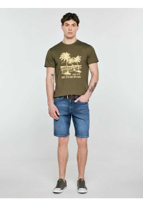 Big-Star - Koszulka męska z kontrastowym nadrukiem khaki Omer 303. Kolor: zielony. Materiał: materiał, bawełna, skóra, dzianina. Wzór: nadruk. Styl: militarny, elegancki, klasyczny, vintage