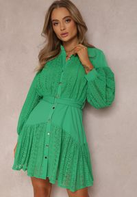 Renee - Zielona Sukienka Damiope. Kolor: zielony. Materiał: materiał, tkanina, koronka. Długość rękawa: długi rękaw. Wzór: ażurowy, jednolity, koronka, gładki. Długość: mini #1