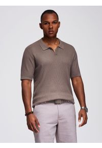 Ombre Clothing - Męska koszulka polo bez guzików z otwartym kołnierzykiem – popielata V4 OM-POSS-0160 - XXL. Typ kołnierza: polo. Kolor: szary. Materiał: dzianina, wiskoza, nylon, prążkowany, elastan. Styl: klasyczny, elegancki #6