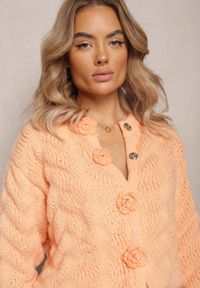 Renee - Pomarańczowy Kardigan z Miękkiej Dzianiny w Kwiaty Nufreda. Kolor: pomarańczowy. Materiał: dzianina. Wzór: kwiaty #3