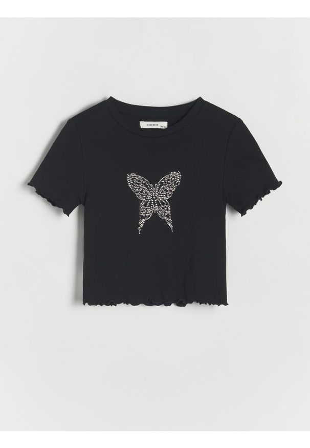 Reserved - T-shirt z aplikacją - czarny. Kolor: czarny. Materiał: dzianina, bawełna. Długość: krótkie. Wzór: aplikacja