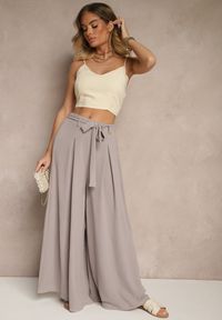 Renee - Szare Spodnie z Bawełną o Szerokim Kroju High Waist z Paskiem Iveleldi. Stan: podwyższony. Kolor: szary. Materiał: bawełna. Styl: elegancki