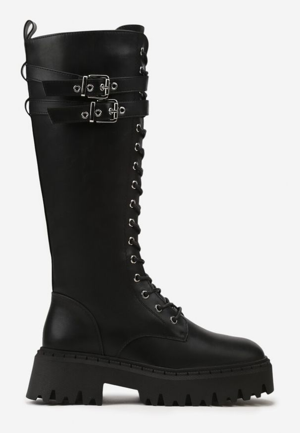 Renee - Czarne Kozaki Typu Workery Vices w Stylu Grunge ze Sprzączkami Eosette. Okazja: na co dzień, na imprezę. Zapięcie: sprzączka. Kolor: czarny. Materiał: skóra, jeans. Szerokość cholewki: normalna. Obcas: na platformie. Styl: casual