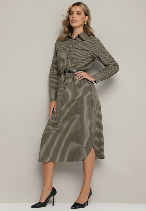 Born2be - Zielona Koszulowa Sukienka na Guziki z Paskiem i Imitacją Kieszeni Tintarra. Kolor: zielony. Typ sukienki: koszulowe. Styl: elegancki, sportowy, klasyczny