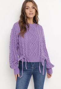 Born2be - Fioletowy Klasyczny Sweter ze Ściągaczami i Ozdobnym Sznurowaniem Nabira. Kolor: fioletowy. Styl: klasyczny #5