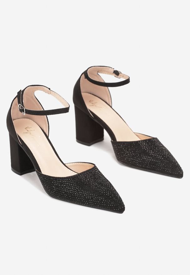 Renee - Czarne Brokatowe Czółenka na Słupku z Cyrkoniami Zannin. Nosek buta: szpiczasty. Zapięcie: pasek. Kolor: czarny. Wzór: aplikacja. Obcas: na słupku. Wysokość obcasa: średni