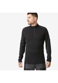 FORCLAZ - Koszulka męska trekkingowa z długim rękawem Simond MT500 merino. Typ kołnierza: kołnierzyk stójkowy. Kolor: czarny. Materiał: wełna, poliamid, materiał. Długość rękawa: długi rękaw. Długość: długie. Sport: turystyka piesza #1