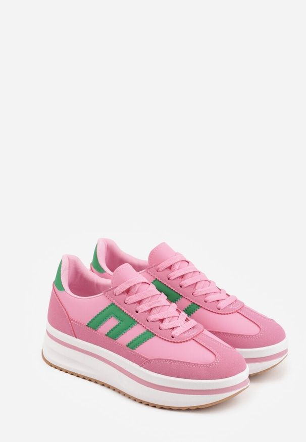 Renee - Fuksjowe Sneakersy na Platformie z Geometrycznym Motywem Hippiopis. Okazja: na co dzień. Kolor: różowy. Materiał: jeans. Wzór: geometria. Obcas: na platformie