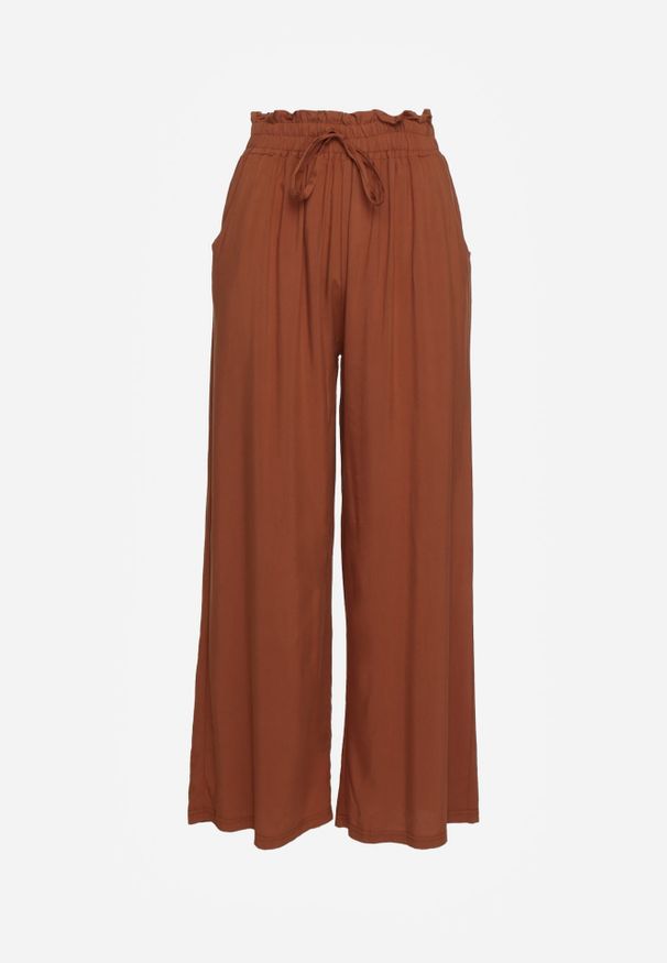 Renee - Brązowe Spodnie z Bawełny High Waist z Szerokimi Nogawkami i Gumką w Pasie Clisea. Okazja: na co dzień. Stan: podwyższony. Kolor: brązowy. Materiał: bawełna. Styl: elegancki, casual