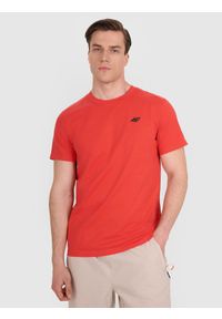 4f - 4F T-shirt regular gładki męski - czerwony L. Okazja: na co dzień. Kolor: czerwony. Materiał: dzianina, bawełna, jersey. Długość rękawa: krótki rękaw. Długość: krótkie. Wzór: gładki. Styl: klasyczny, sportowy, casual