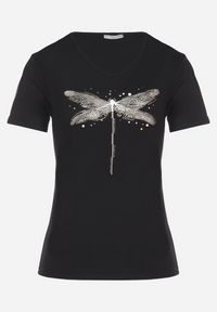 Born2be - Czarny Bawełniany T-shirt z Motywem Ważki i Cyrkoniami Ulimira. Okazja: na co dzień. Kolor: czarny. Materiał: bawełna. Wzór: aplikacja. Styl: klasyczny, casual #5