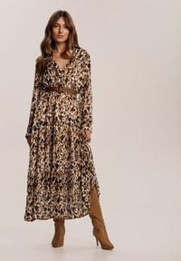 Renee - Brązowa Sukienka Mossaxe. Kolor: brązowy. Materiał: tkanina. Długość rękawa: długi rękaw. Typ sukienki: kopertowe. Długość: midi #2